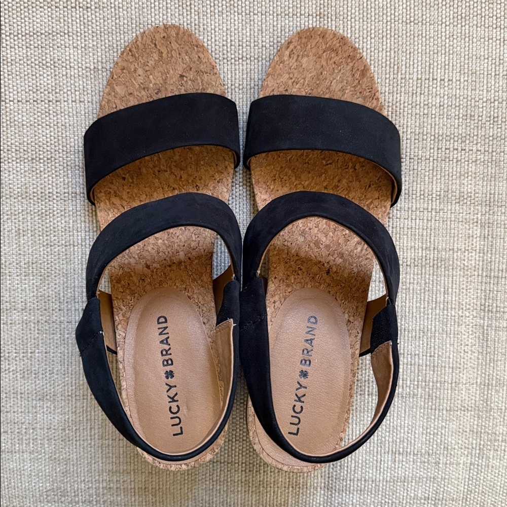 Lucky Brand Jobina Heel Sandal leather upper cork midsole stacked block heel EUC - Picture 8 of 16